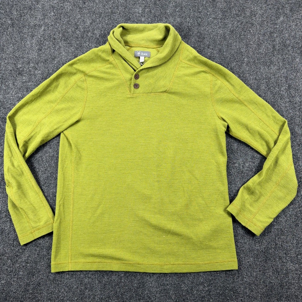 Ibex Merino Wool Shawl Collar Henley Pullover Sweater Size M Chartreuse Green
